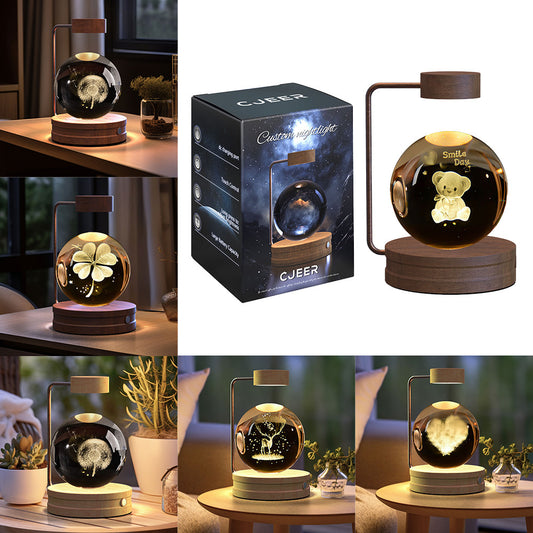 Dino Crystal Ball Night Light showcasing 3D dinosaur engraving in a crystal sphere with warm LED glow.